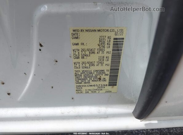 1N6ED1EJ2NN657598 2022 NISSAN FRONTIER White 
