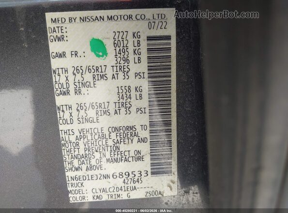 1N6ED1EJ2NN689533 2022 NISSAN FRONTIER Gray Շարժիչի բաժամունքի տեսք