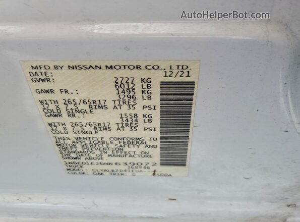 1N6ED1EJ6NN639072 2022 NISSAN FRONTIER White Вид наклейки з VIN-кодом