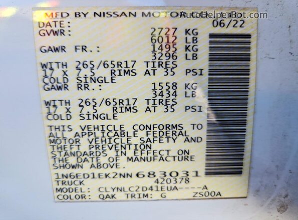 1N6ED1EK2NN683031 2022 NISSAN FRONTIER White VIN sticker view