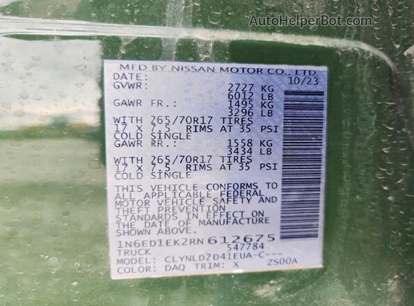 1N6ED1EK2RN612675 2024 NISSAN FRONTIER Green Widok naklejki z numerem VIN