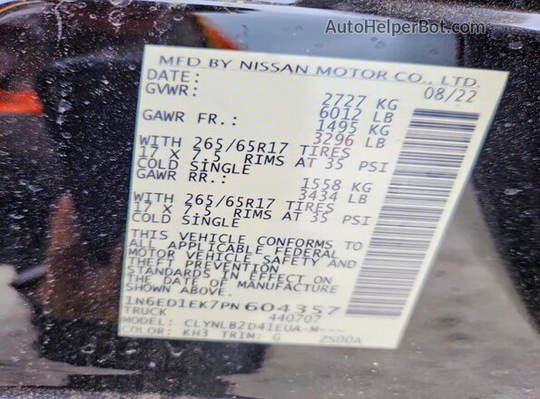 1N6ED1EK7PN604357 2023 NISSAN FRONTIER Black Вид наклейки з VIN-кодом