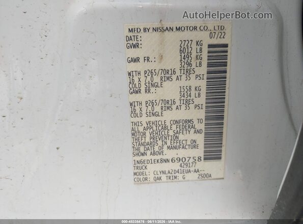 1N6ED1EK8NN690758 2022 NISSAN FRONTIER Белый Вид подкапотного пространства