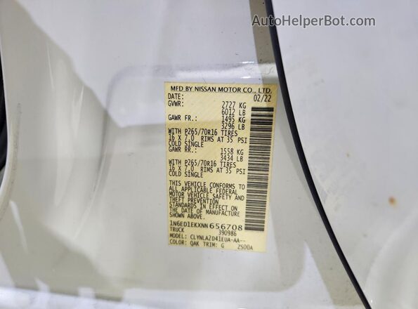 1N6ED1EKXNN656708 2022 NISSAN FRONTIER White Вид підкапотного простору