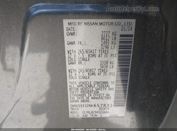 1N6ED1FJ2RN657833 2024 NISSAN FRONTIER Gray 