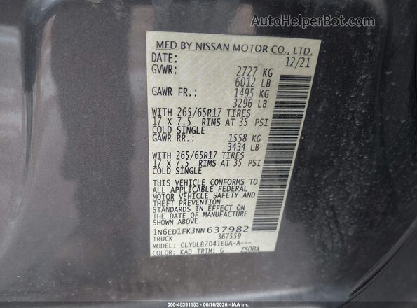 1N6ED1FK3NN637982 2022 NISSAN FRONTIER Gray Engine compartment view