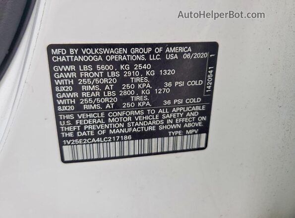 1V25E2CA4LC217186 2020 VOLKSWAGEN ATLAS White Widok wnętrza 360 stopni