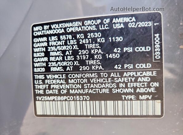 1V25MPE86PC015370 2023 VOLKSWAGEN ID.4 Gray Вид наклейки з VIN-кодом