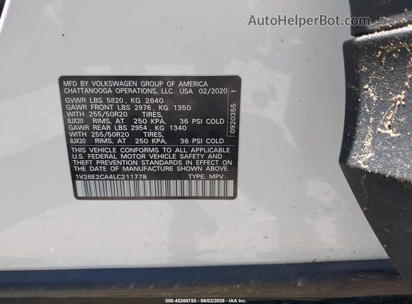 1V26E2CA4LC211778 2020 VOLKSWAGEN ATLAS White ძრავის განყოფილების ხედი