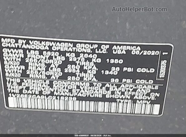 1V26E2CA9LC218239 2020 VOLKSWAGEN ATLAS Gray Widok komory silnika