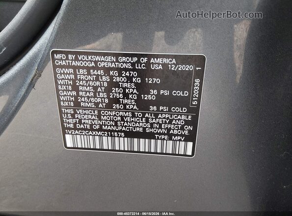 1V2AC2CAXMC211575 2021 VOLKSWAGEN ATLAS Gray Vista del compartimento del motor