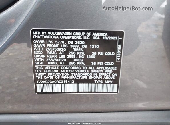 1V2AE2CA0RC215412 2024 VOLKSWAGEN ATLAS Gray Շարժիչի բաժամունքի տեսք