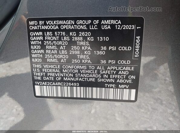 1V2AE2CA4RC226493 2024 VOLKSWAGEN ATLAS Gray Вид підкапотного простору