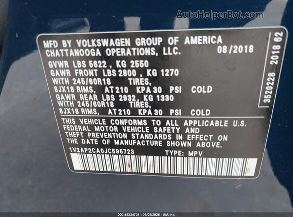 1V2AP2CA0JC595723 2018 VOLKSWAGEN ATLAS Blue Vista del compartimento del motor