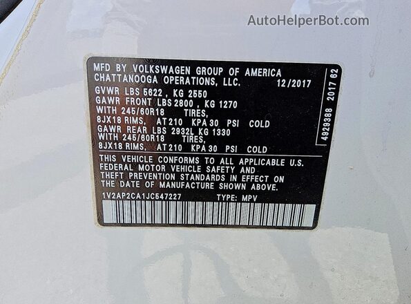 1V2AP2CA1JC547227 2018 VOLKSWAGEN ATLAS White 
