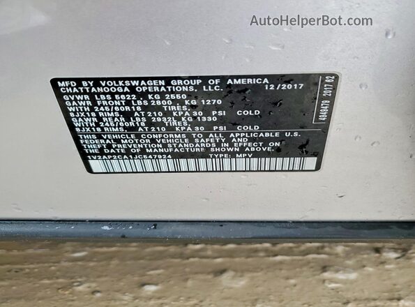 1V2AP2CA1JC547924 2018 VOLKSWAGEN ATLAS Silver 360 interior view