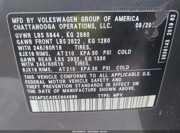 1V2AP2CA2KC604889 2019 VOLKSWAGEN ATLAS Gray ძრავის განყოფილების ხედი