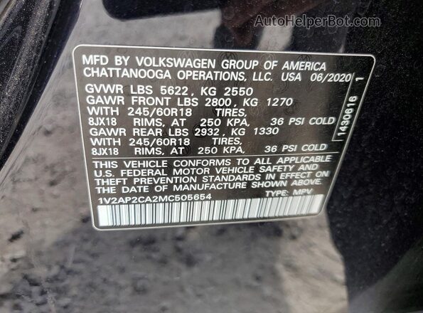 1V2AP2CA2MC505654 2021 VOLKSWAGEN ATLAS Черный Вид наклейки с VIN-кодом