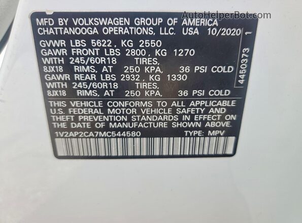 1V2AP2CA7MC544580 2021 VOLKSWAGEN ATLAS White Вид наклейки з VIN-кодом
