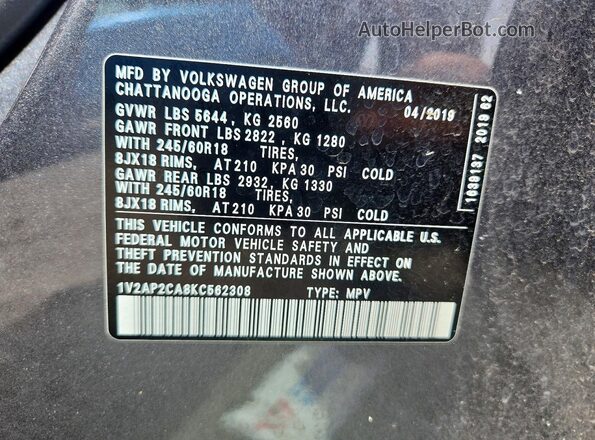 1V2AP2CA8KC562308 2019 VOLKSWAGEN ATLAS Gray 
