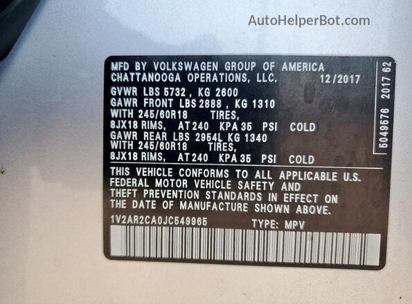 1V2AR2CA0JC549965 2018 VOLKSWAGEN ATLAS Silver VIN კოდის სტიკერის ხედი