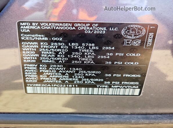 1V2BE2CA1PC221611 2023 VOLKSWAGEN ATLAS Gray 