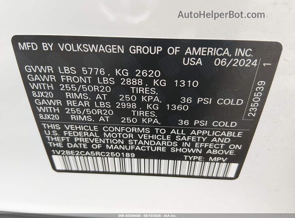 1V2BE2CA5RC250189 2024 VOLKSWAGEN ATLAS White Widok komory silnika