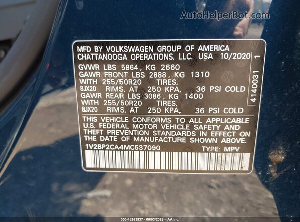 1V2BP2CA4MC537090 2021 VOLKSWAGEN ATLAS Blue Widok komory silnika