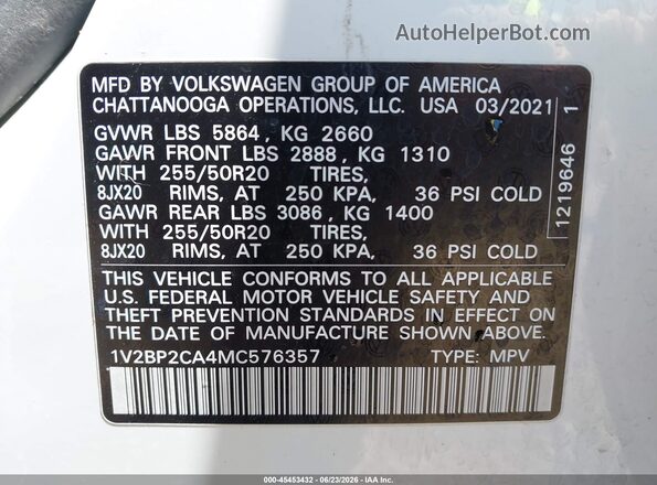1V2BP2CA4MC576357 2021 VOLKSWAGEN ATLAS White Engine compartment view