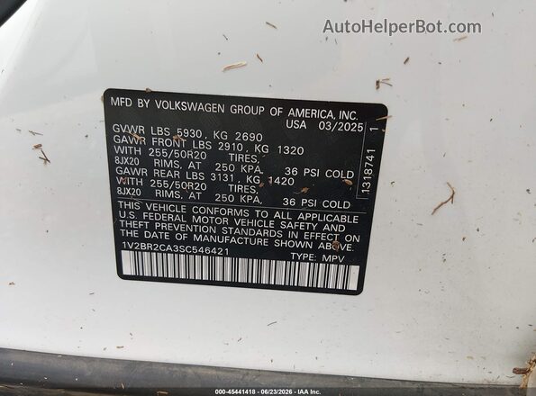 1V2BR2CA3SC546421 2025 VOLKSWAGEN ATLAS White ძრავის განყოფილების ხედი