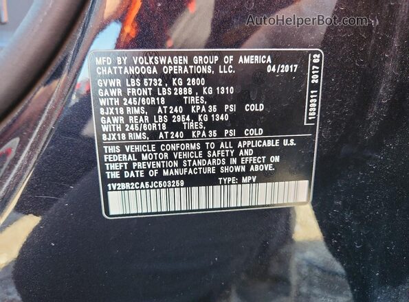 1V2BR2CA5JC503259 2018 VOLKSWAGEN ATLAS Черный 