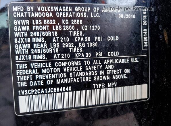 1V2CP2CA1JC594640 2018 VOLKSWAGEN ATLAS Black Вид наклейки з VIN-кодом