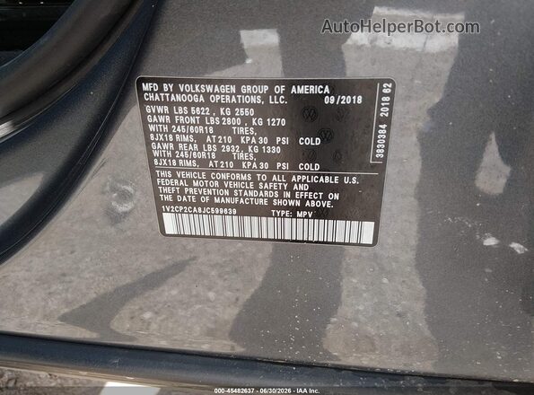 1V2CP2CA8JC599639 2018 VOLKSWAGEN ATLAS Blue Вид підкапотного простору