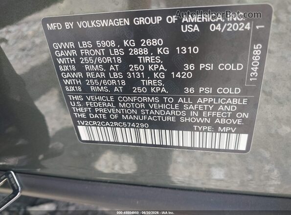1V2CR2CA2RC574290 2024 VOLKSWAGEN ATLAS Green Vista del compartimento del motor