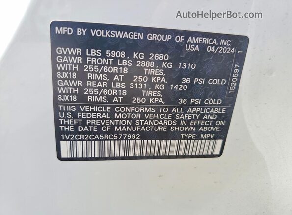 1V2CR2CA5RC577992 2024 VOLKSWAGEN ATLAS White Շարժիչի բաժամունքի տեսք
