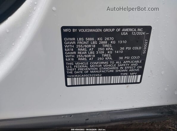 1V2CR2CA9SC522452 2025 VOLKSWAGEN ATLAS White Вид підкапотного простору