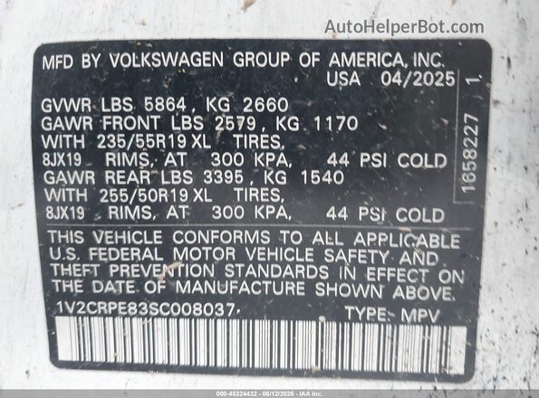 1V2CRPE83SC008037 2025 VOLKSWAGEN ID.4 White Widok naklejki z numerem VIN