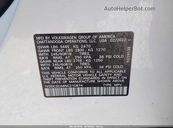 1V2DC2CA6NC210874 2022 VOLKSWAGEN ATLAS Белый Вид подкапотного пространства