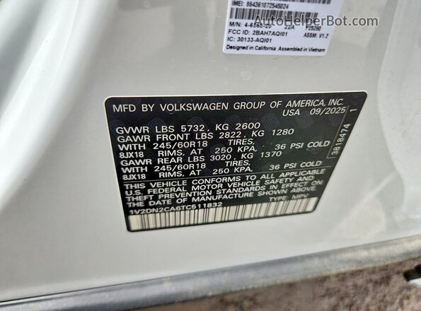 1V2DN2CA6TC511832 2026 VOLKSWAGEN ATLAS White VIN კოდის სტიკერის ხედი
