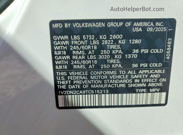 1V2DN2CA9TC515213 2026 VOLKSWAGEN ATLAS White ძრავის განყოფილების ხედი