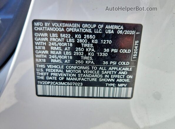 1V2DP2CA3MC507023 2021 VOLKSWAGEN ATLAS White სალონის 360-გრადუსიანი ხედი