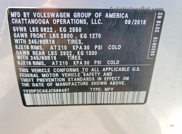 1V2DP2CA5JC599487 2018 VOLKSWAGEN ATLAS Silver 
