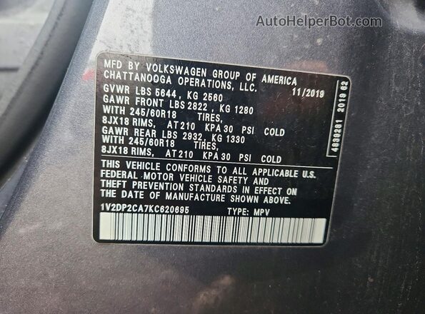1V2DP2CA7KC620695 2019 VOLKSWAGEN ATLAS Gray Vista de la etiqueta del VIN