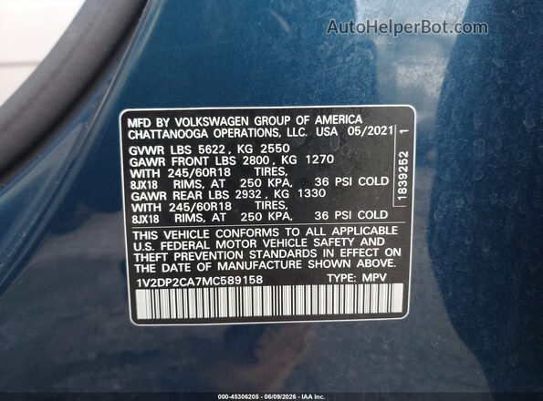 1V2DP2CA7MC589158 2021 VOLKSWAGEN ATLAS Blue Vista del compartimento del motor
