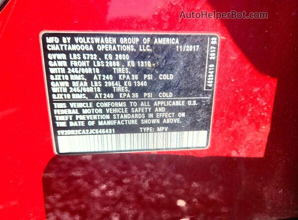1V2DR2CA2JC545431 2018 VOLKSWAGEN ATLAS Red 