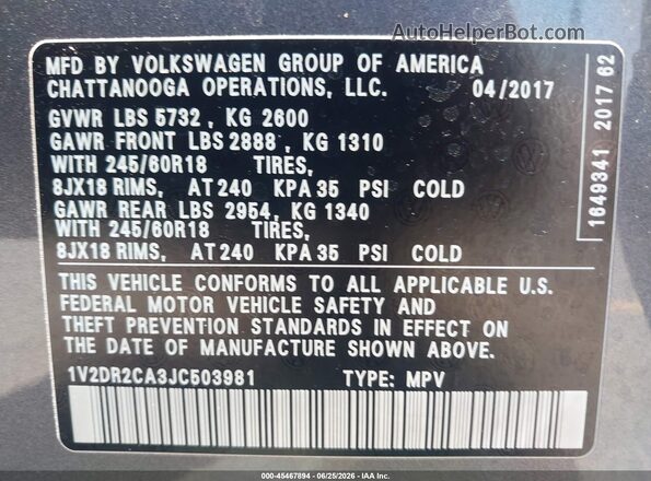 1V2DR2CA3JC503981 2018 VOLKSWAGEN ATLAS Gray Engine compartment view