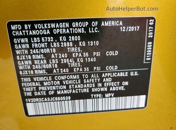 1V2DR2CA3JC550539 2018 VOLKSWAGEN ATLAS Gold 