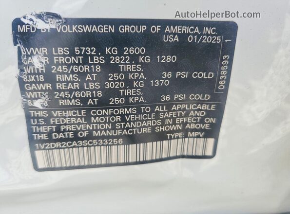 1V2DR2CA3SC533256 2025 VOLKSWAGEN ATLAS Белый Вид наклейки с VIN-кодом