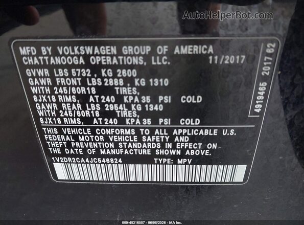 1V2DR2CA4JC546824 2018 VOLKSWAGEN ATLAS Black 