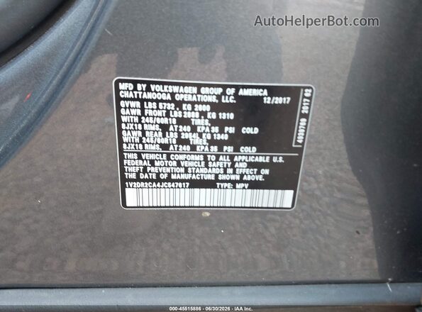 1V2DR2CA4JC547617 2018 VOLKSWAGEN ATLAS Серый Вид подкапотного пространства